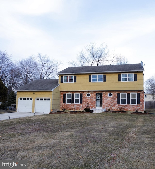 colonial home with an attached garage, driveway, a front lawn, and brick siding