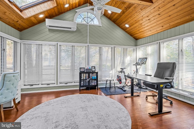 home office featuring a skylight, wood ceiling, an AC wall unit, and wood finished floors