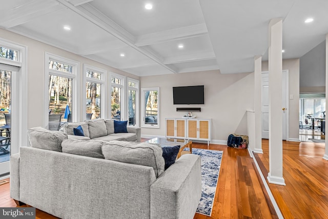 living room featuring a wealth of natural light, coffered ceiling, and hardwood / wood-style floors