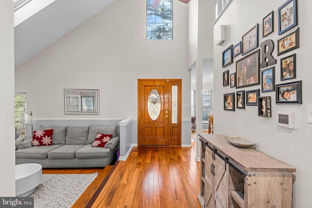 entrance foyer featuring high vaulted ceiling, light wood finished floors, and a wealth of natural light