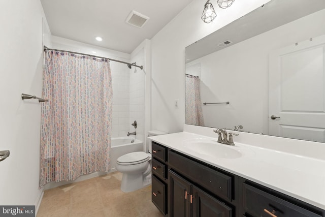 bathroom with visible vents, toilet, shower / tub combo, and vanity