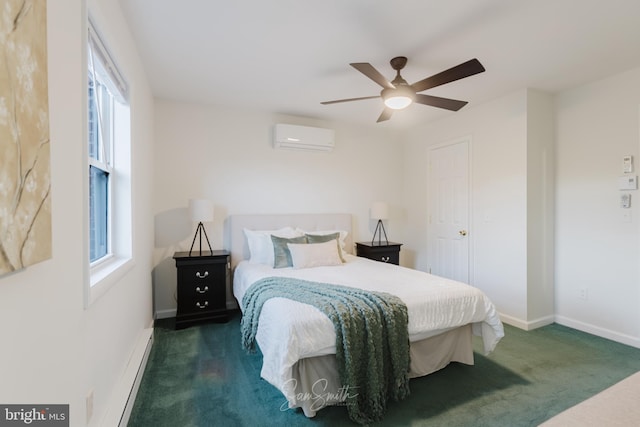 bedroom with baseboards, ceiling fan, a baseboard heating unit, carpet floors, and a wall unit AC