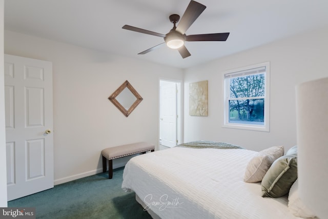bedroom with baseboards, carpet floors, and a ceiling fan