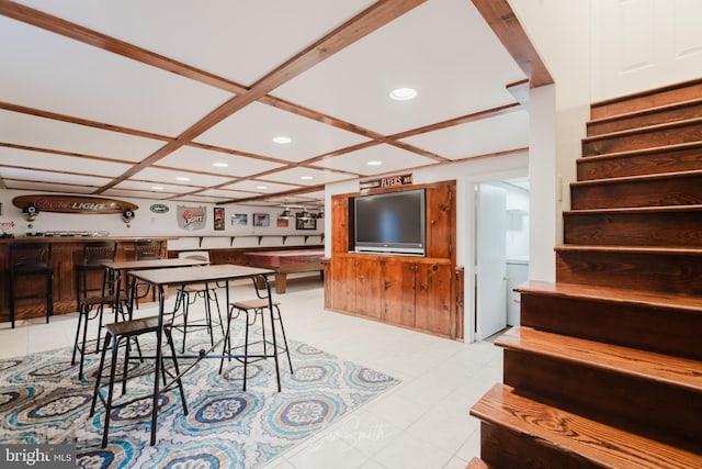 dining room with stairs and recessed lighting