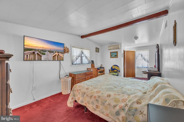 bedroom with dark colored carpet, beam ceiling, a wall unit AC, and multiple windows