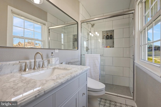 full bathroom with a stall shower, a wealth of natural light, vanity, and toilet