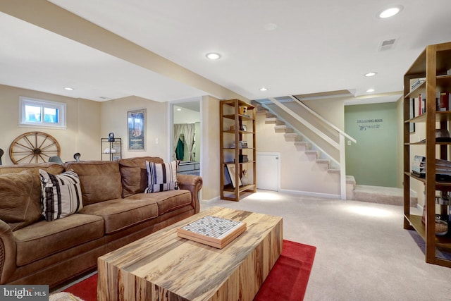 living area with baseboards, visible vents, stairway, carpet floors, and recessed lighting