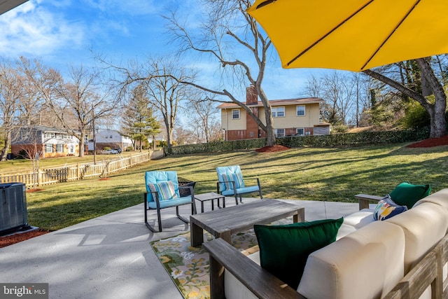 view of patio / terrace with a fenced backyard, an outdoor hangout area, and cooling unit