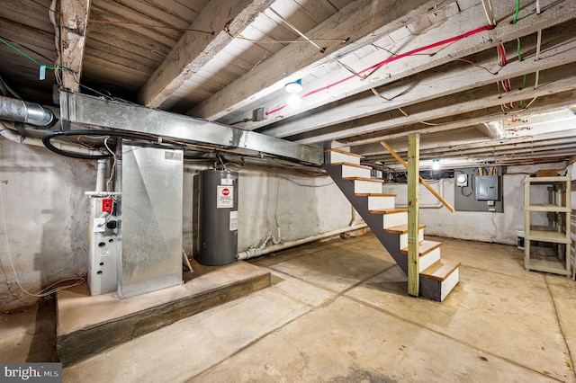 unfinished basement with stairs, electric panel, and electric water heater