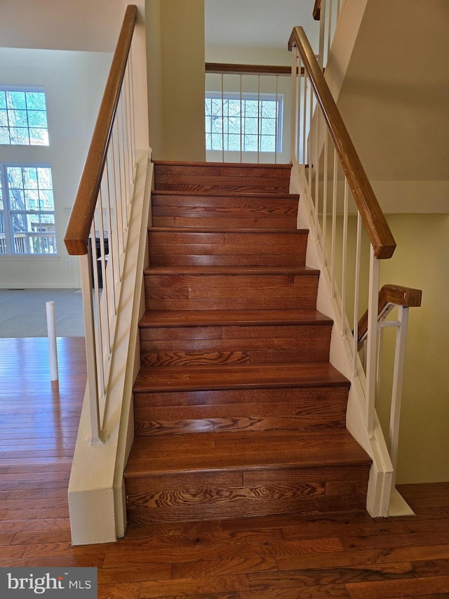 stairs featuring wood finished floors and a healthy amount of sunlight