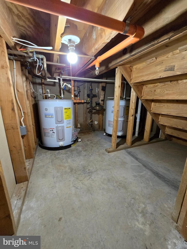 unfinished basement featuring electric water heater