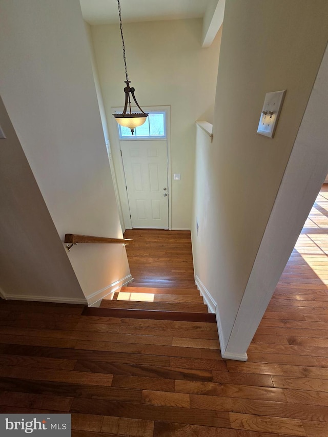 stairs featuring baseboards and hardwood / wood-style flooring