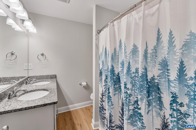 bathroom with double vanity, baseboards, a sink, and wood finished floors