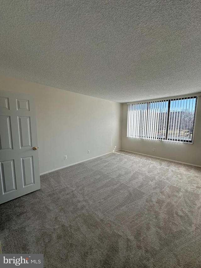 spare room with a textured ceiling, carpet, and baseboards