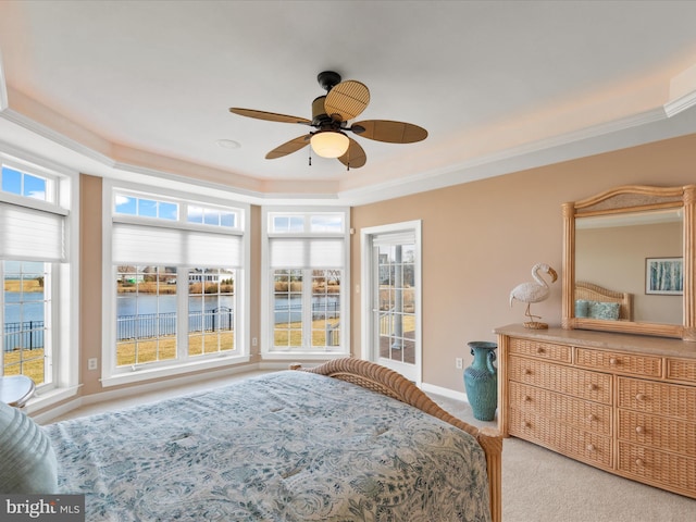 bedroom featuring ceiling fan, baseboards, ornamental molding, carpet, and a raised ceiling