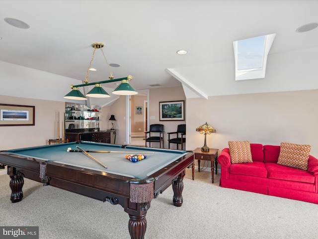 game room with recessed lighting, vaulted ceiling, carpet flooring, and billiards