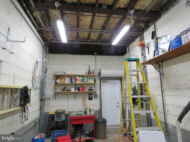 basement with a garage and concrete block wall