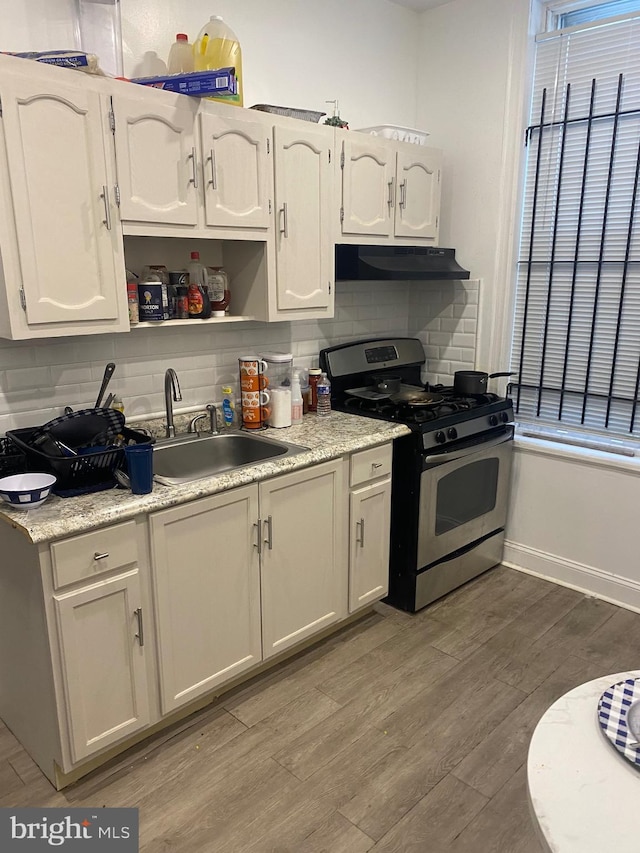 kitchen featuring tasteful backsplash, a sink, wood finished floors, stainless steel gas range, and under cabinet range hood