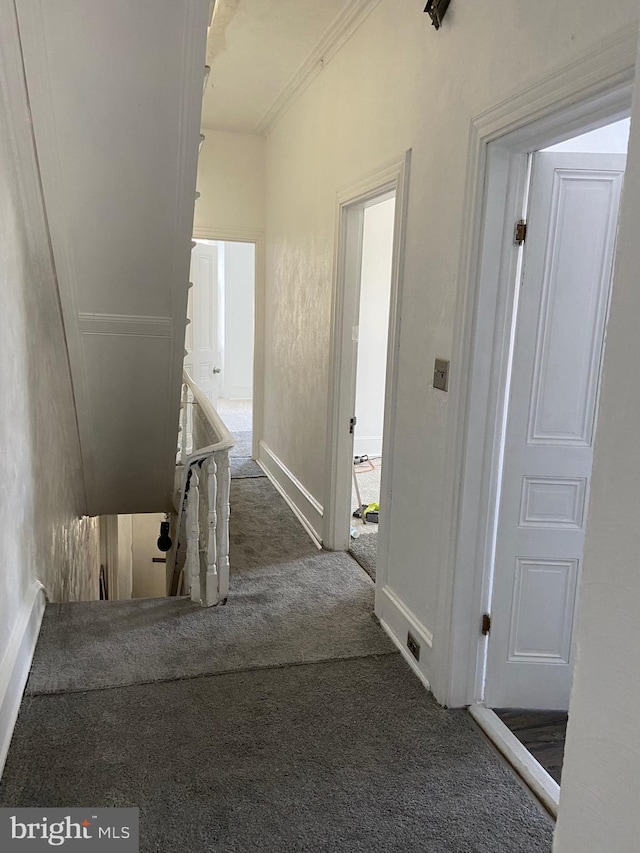 corridor with dark colored carpet and crown molding