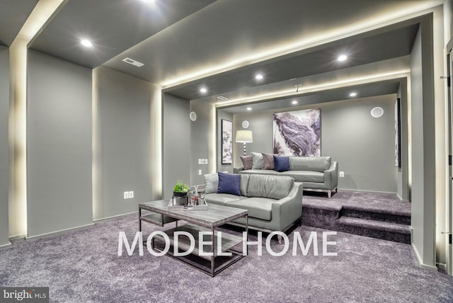 home theater room with carpet floors, recessed lighting, and visible vents