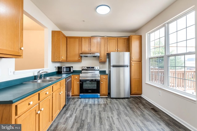 kitchen featuring under cabinet range hood, appliances with stainless steel finishes, dark countertops, and a sink