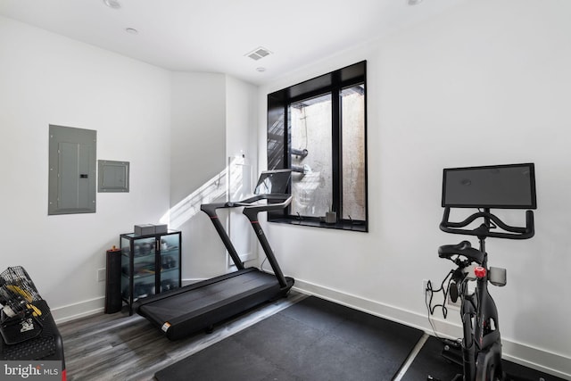 workout room featuring visible vents, dark wood-style floors, electric panel, and baseboards