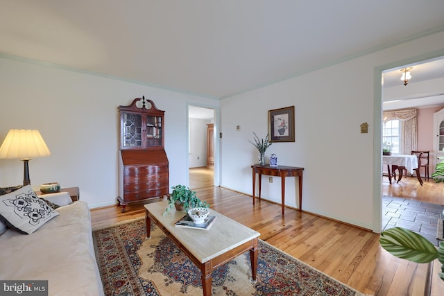 living room featuring wood finished floors and baseboards