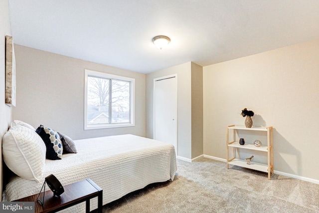 bedroom with carpet, baseboards, and a closet