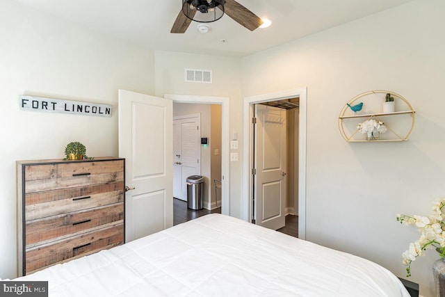 bedroom with ceiling fan and visible vents