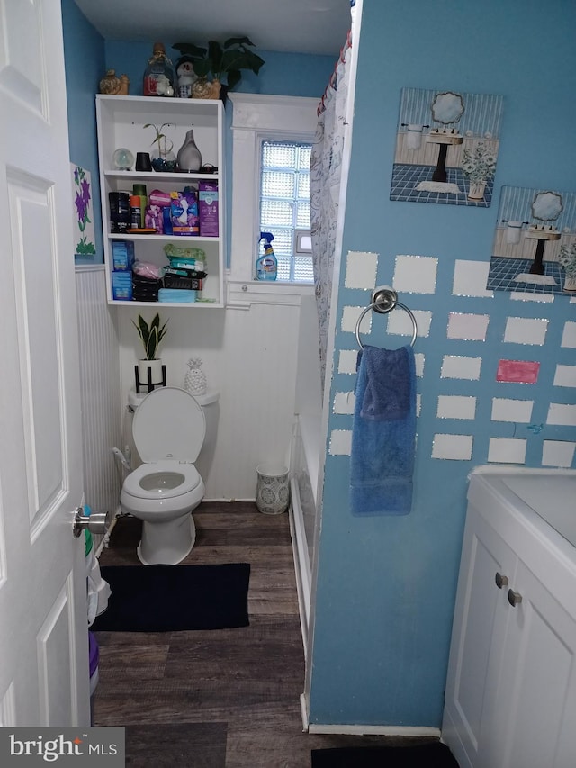 bathroom featuring vanity, wood finished floors, and toilet