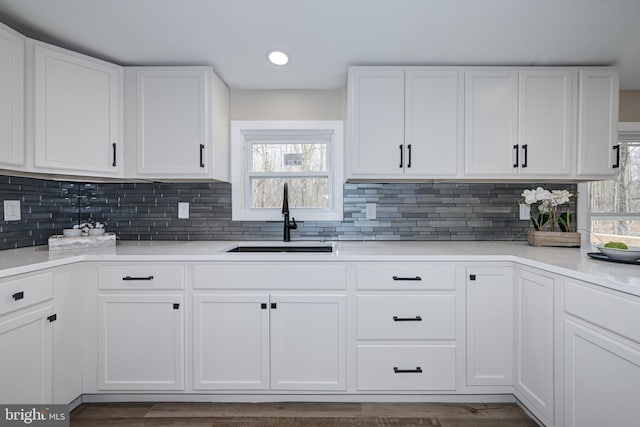 kitchen featuring white cabinetry, light countertops, backsplash, and a sink