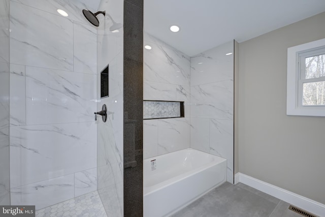 full bath with recessed lighting, visible vents, and baseboards