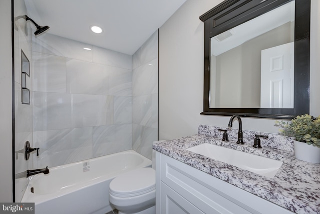 full bath featuring vanity, visible vents,  shower combination, recessed lighting, and toilet