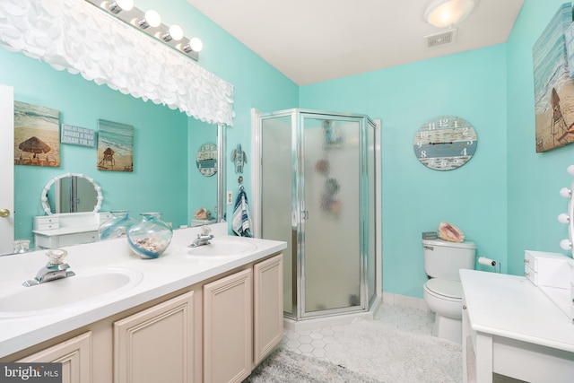 bathroom with a stall shower, a sink, and visible vents