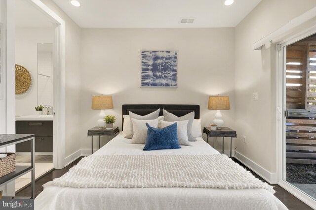 bedroom featuring baseboards, visible vents, dark wood-style flooring, ensuite bathroom, and recessed lighting