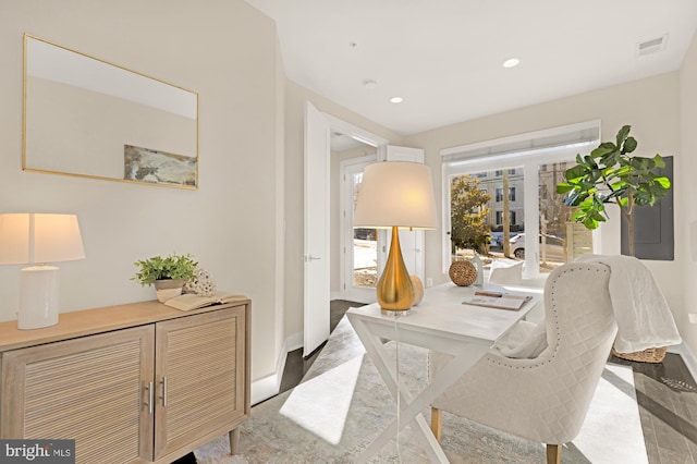 office area with baseboards, visible vents, and recessed lighting