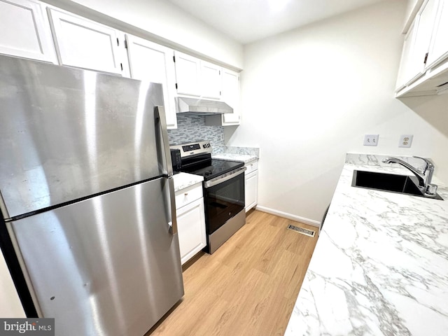 kitchen featuring under cabinet range hood, appliances with stainless steel finishes, and white cabinets