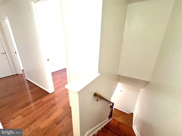 staircase with wood finished floors and baseboards