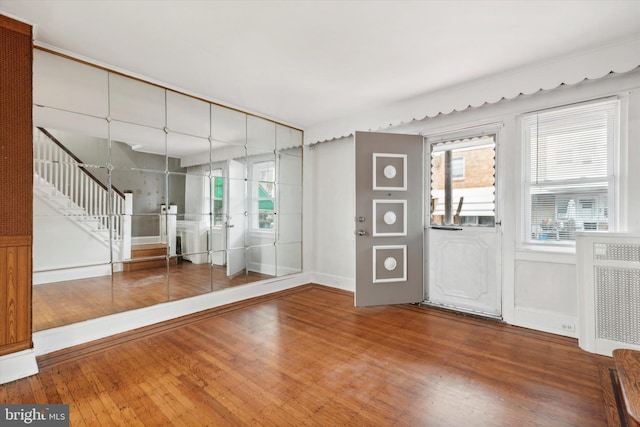 foyer entrance with a wealth of natural light, baseboards, and wood finished floors