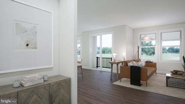 home office with baseboards and dark wood finished floors