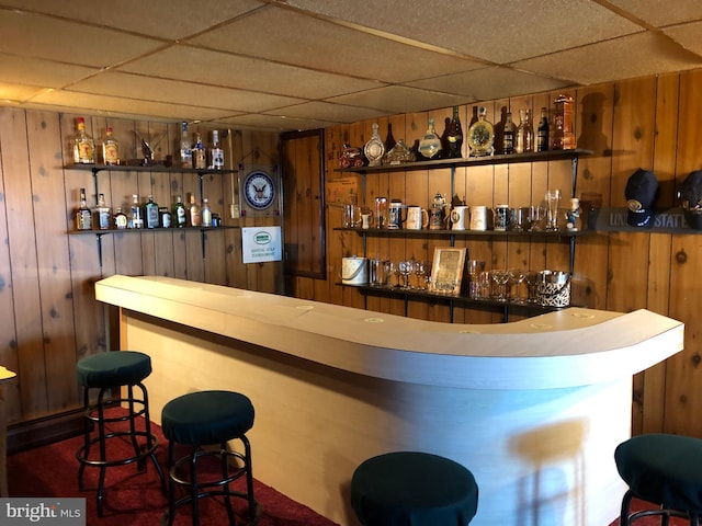 bar with a dry bar, wood walls, and a drop ceiling