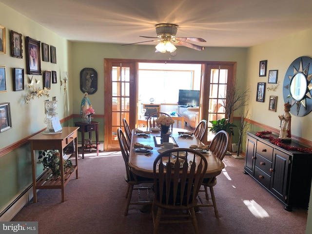 dining space featuring carpet floors, plenty of natural light, and ceiling fan