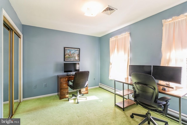 office area with carpet, visible vents, and baseboards