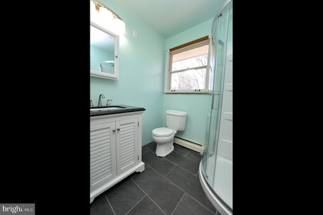 full bath featuring toilet, a baseboard radiator, tile patterned flooring, an enclosed shower, and vanity