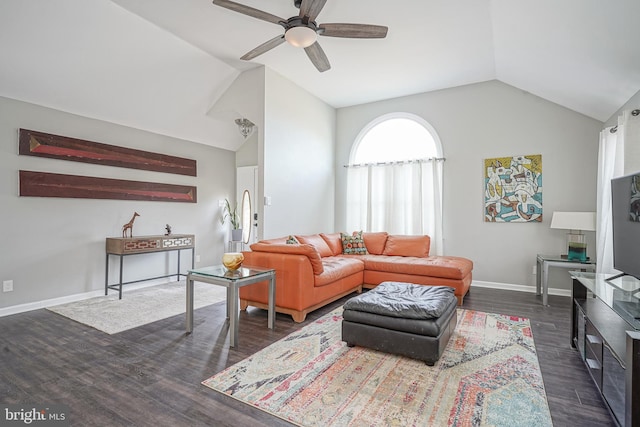 living area with dark wood-style floors, ceiling fan, baseboards, and vaulted ceiling