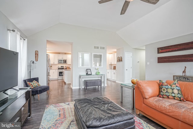 living area with baseboards, a ceiling fan, vaulted ceiling, and dark wood-style flooring