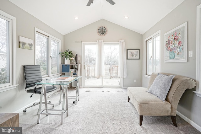 office space featuring recessed lighting, carpet flooring, vaulted ceiling, and baseboards