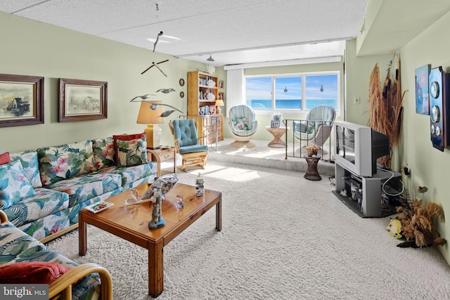 carpeted living room with a textured ceiling