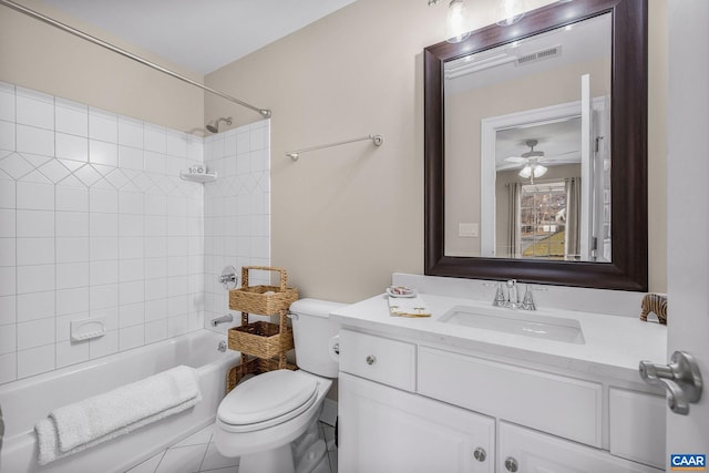 full bathroom with toilet, bathtub / shower combination, visible vents, and vanity