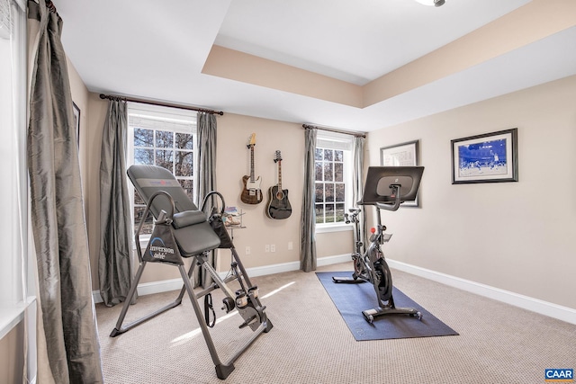 workout area featuring a raised ceiling, carpet flooring, plenty of natural light, and baseboards